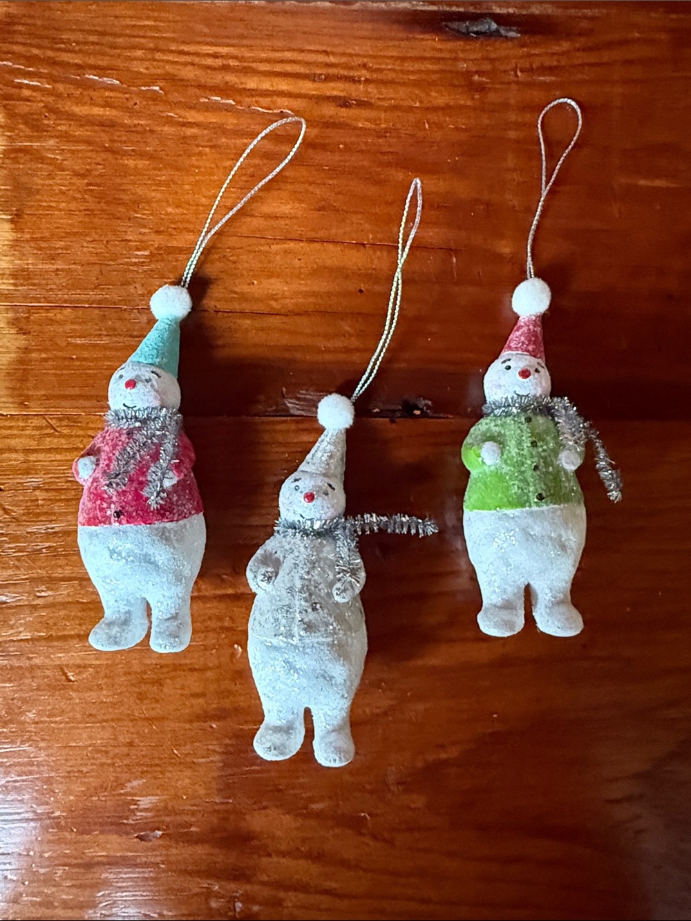 🎄 NWOT Set of 3 Retro Glitter Snowman w/Tinsel Scarves by Regency International